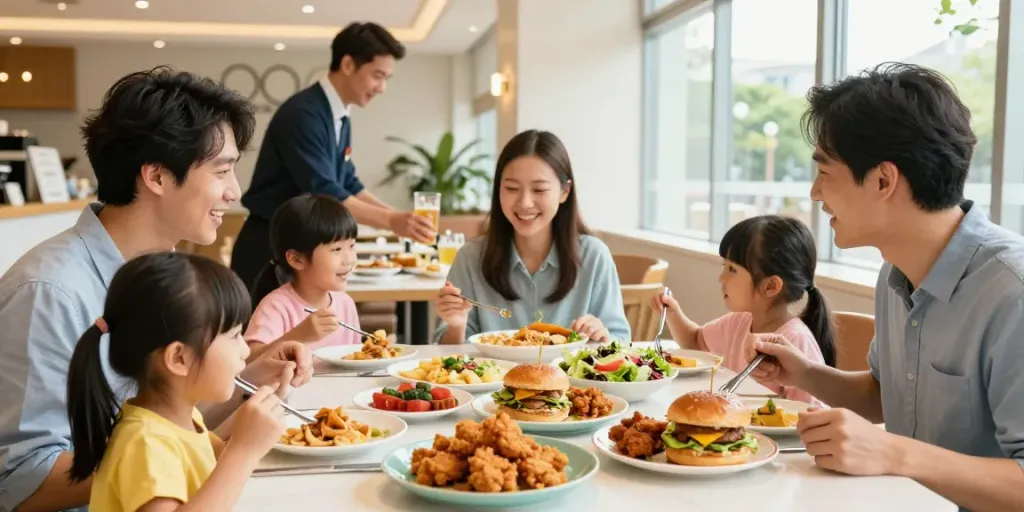 Family enjoying a meal at ROKOK88 restaurant with colorful dishes.