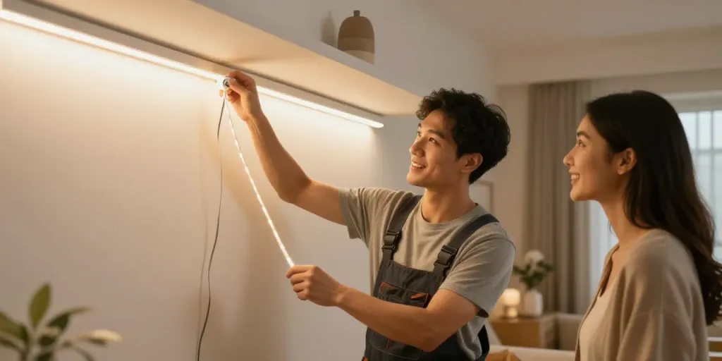 Banda LED de la iluminat-ieftin.ro instalată de un profesionist în servicii locale, oferind iluminat economic și versatil.