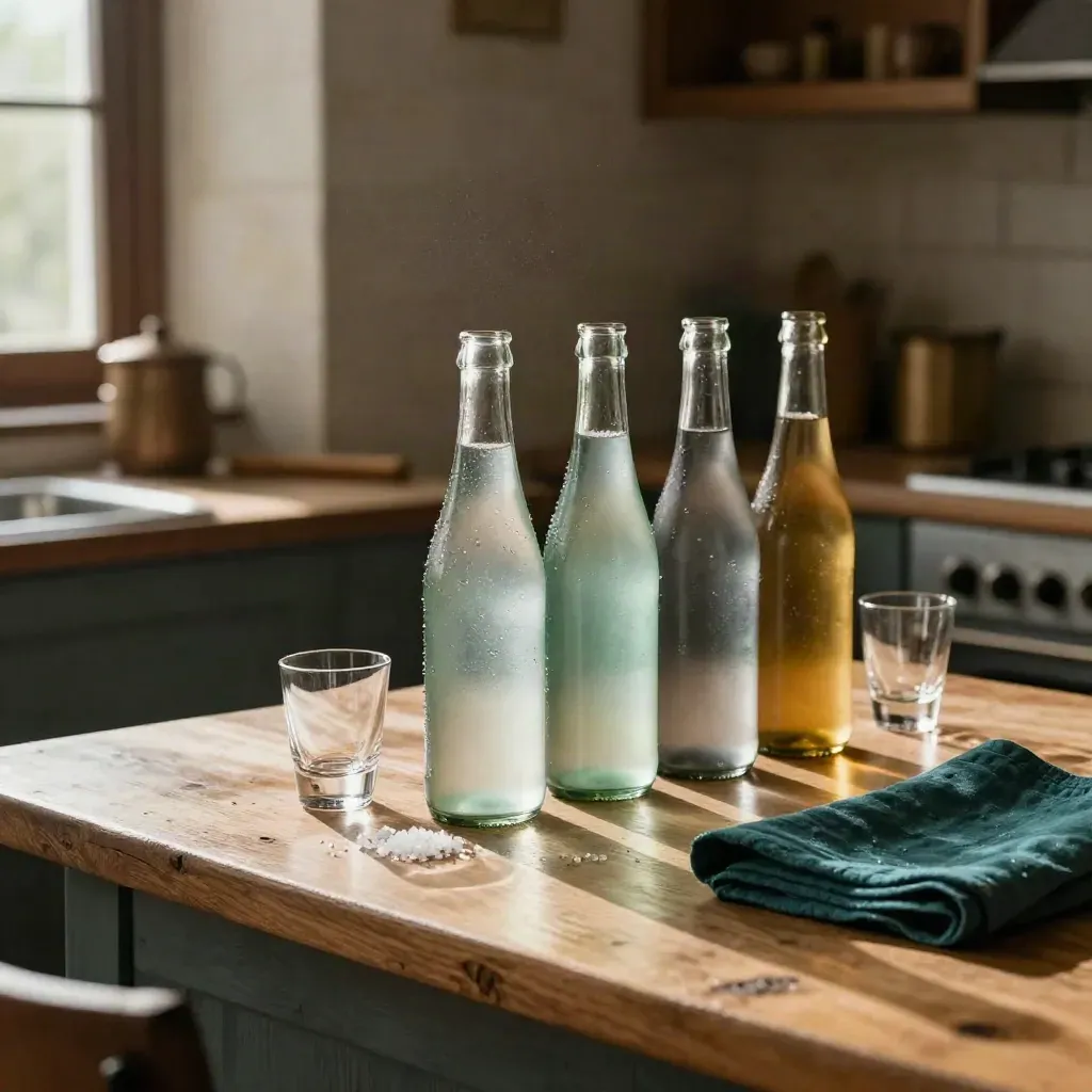 Unlabeled mineral-water bottles with tasting glasses and sea salt on a warm oak counter.