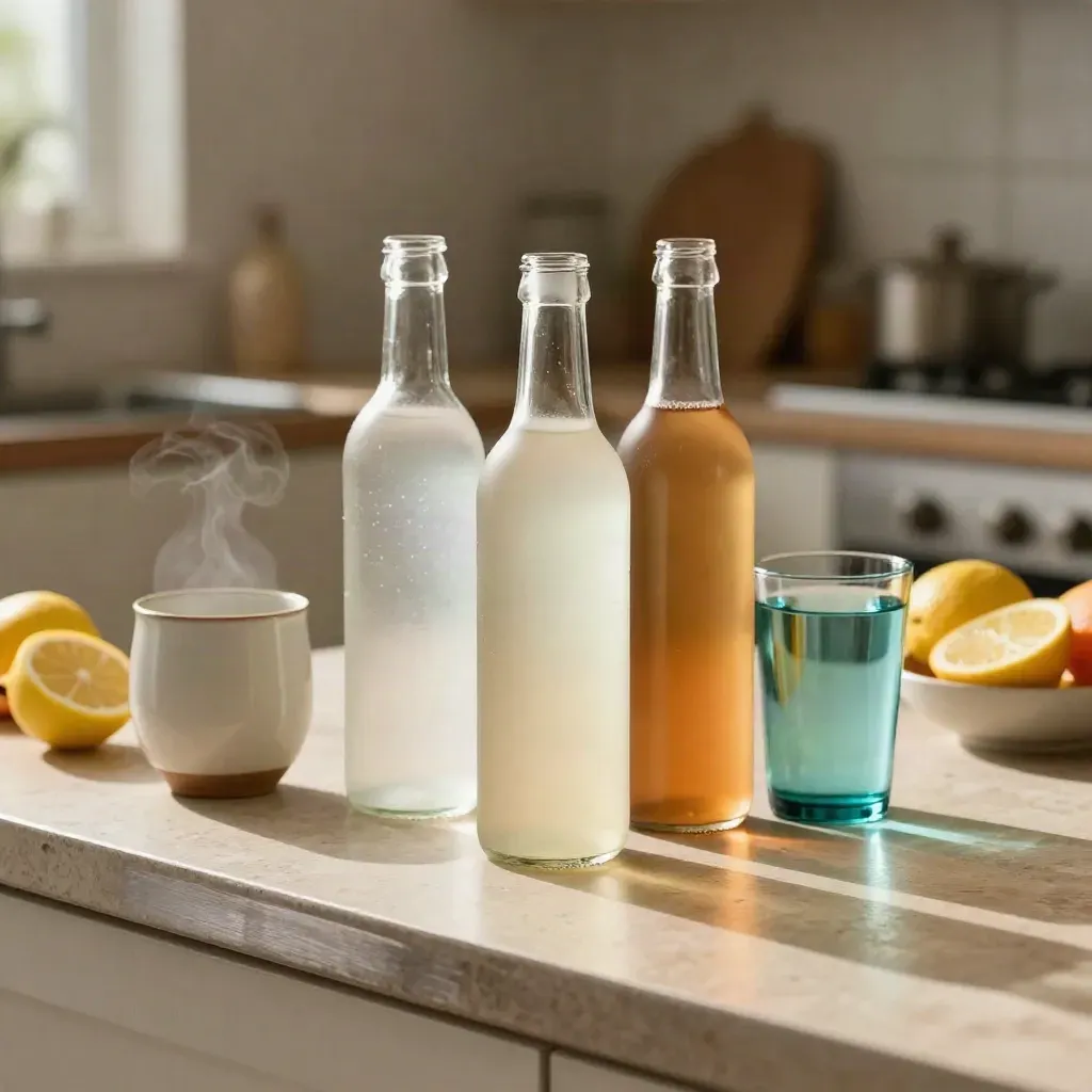 Hydration plan still life with bottles, carafe, citrus bowl and ceramic water glass on a warm counter.