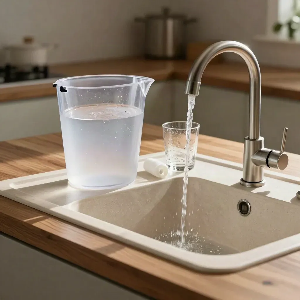 Filter jug filling at a kitchen sink with cartridge, tumbler, and brushed faucet