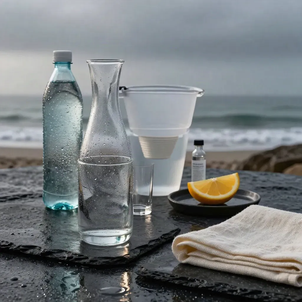 Hydration counter with glass carafe, mineral bottle, tumbler, filter pitcher, citrus and linen on slate.