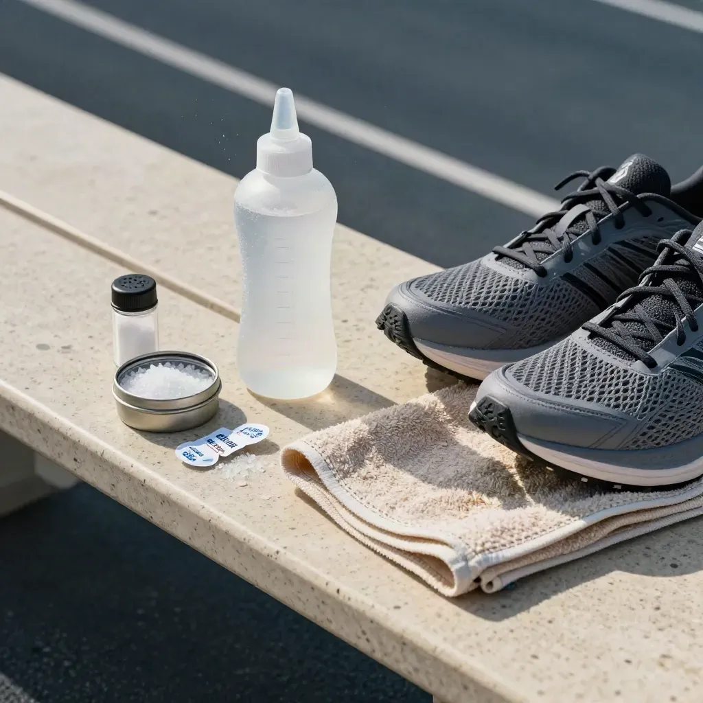 Electrolyte kit on a travertine bench: beaded bottle, fizzing tabs, salt tin, towel and running shoe upper.