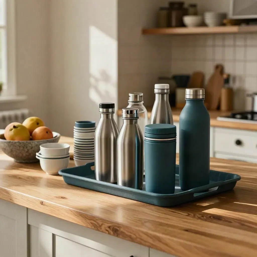 Reusable bottles, cups, fruit bowl and lunchbox lined up on a cozy kitchen counter