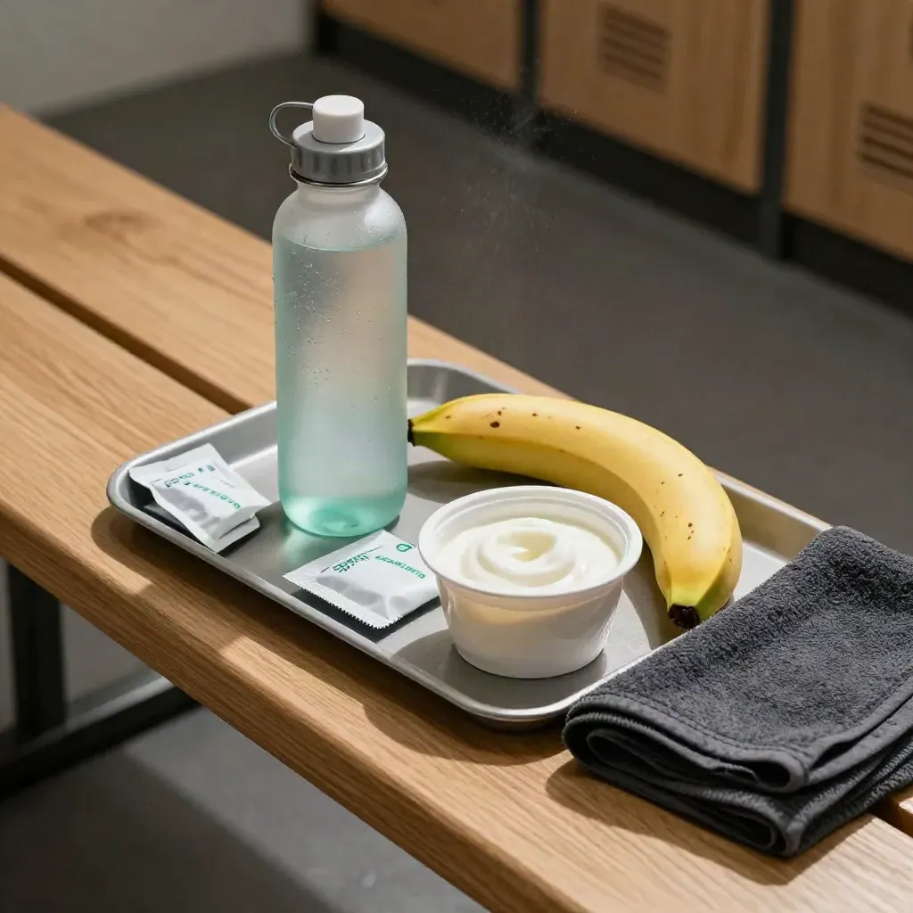 Recovery tray with water, electrolytes, banana, yogurt and towel on a gym bench.