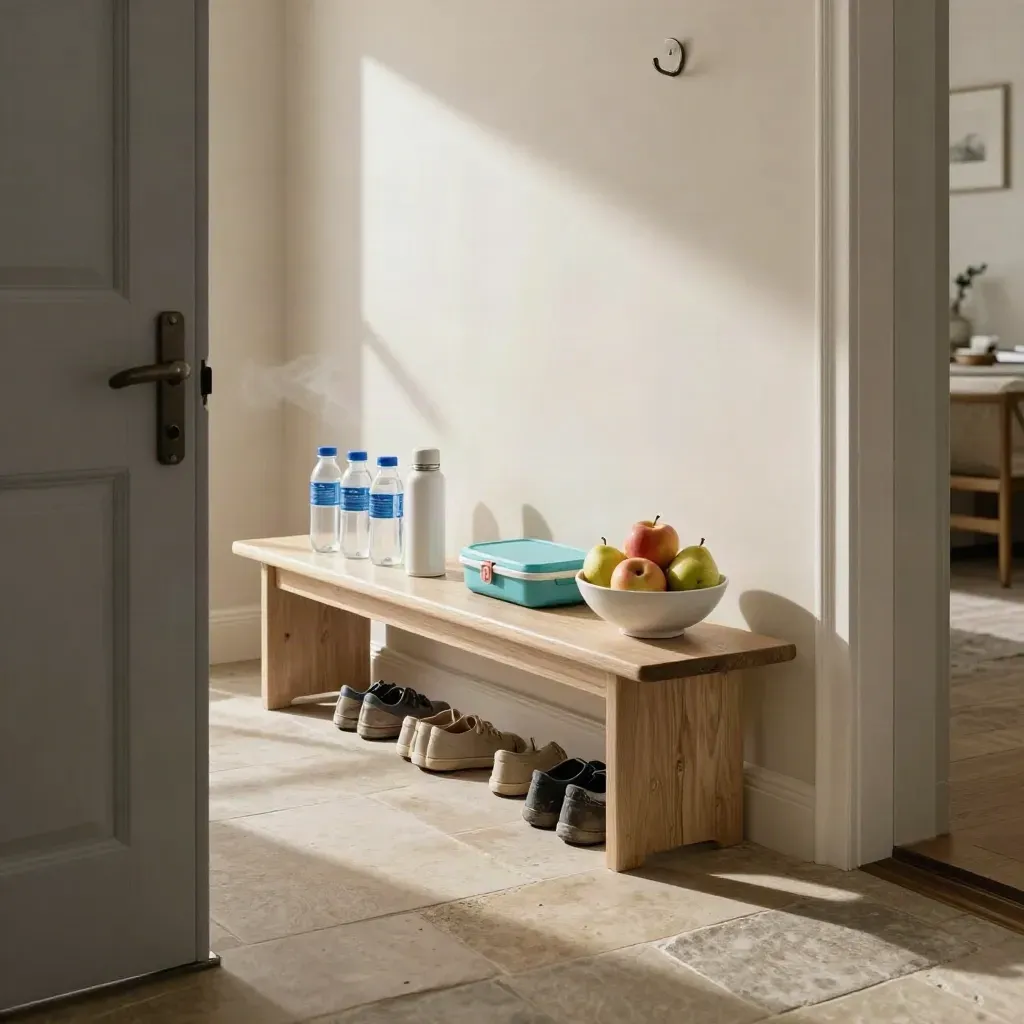 Neat entryway bench with water bottles, lunchboxes, thermos, shoes, and fruit bowl in warm afternoon light.