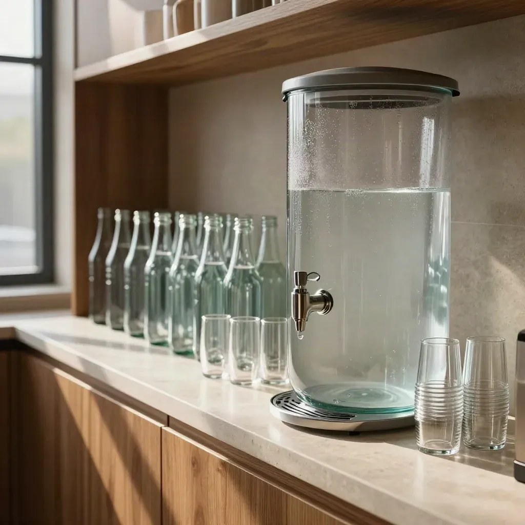 Office pantry hydration station with glass dispenser, bottles, and tumblers in warm daylight.