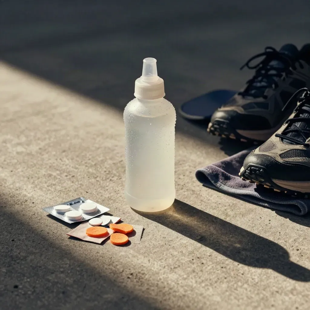 Race-day hydration kit with bottle, salts, orange wedges, towel, cap and trail shoes on concrete
