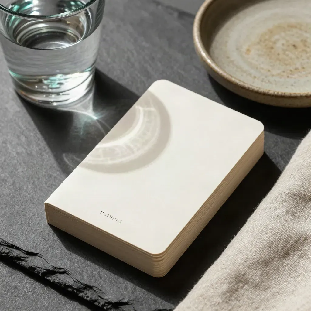 Top-down cream cards in a linen folder beside a water glass and ceramic dish on slate.