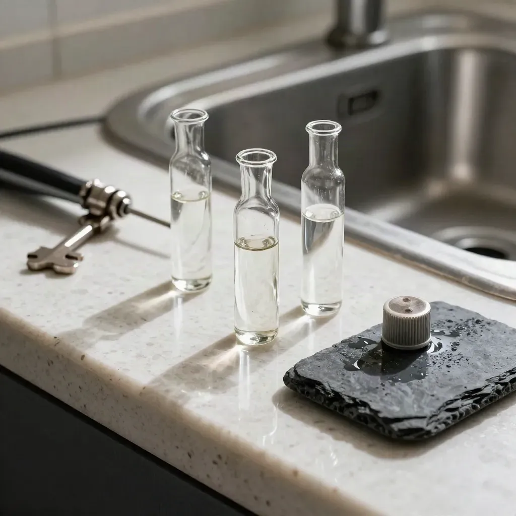 Glass vials, conductivity meter and mineral cap on a travertine ledge by a sink