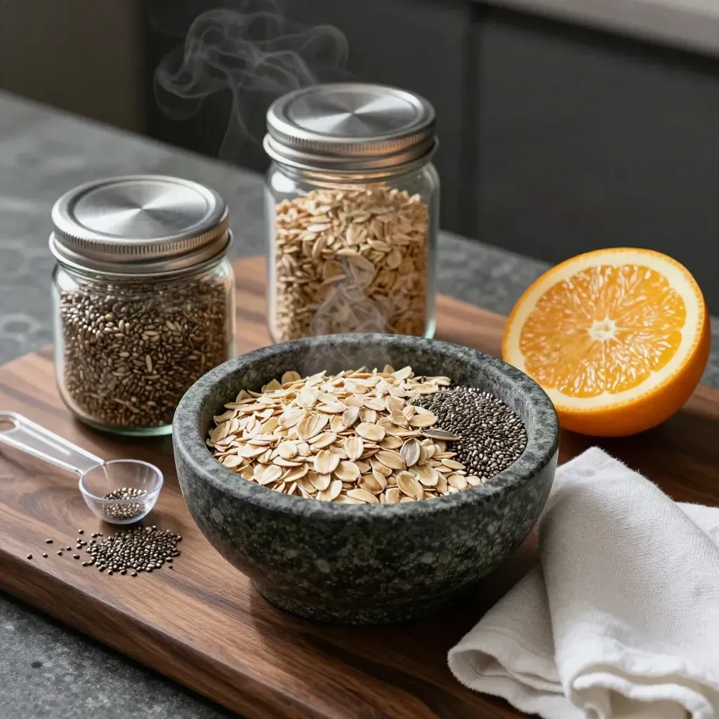 Oats, seed jars, citrus and a clear measuring spoon on stone in dramatic still-life light.