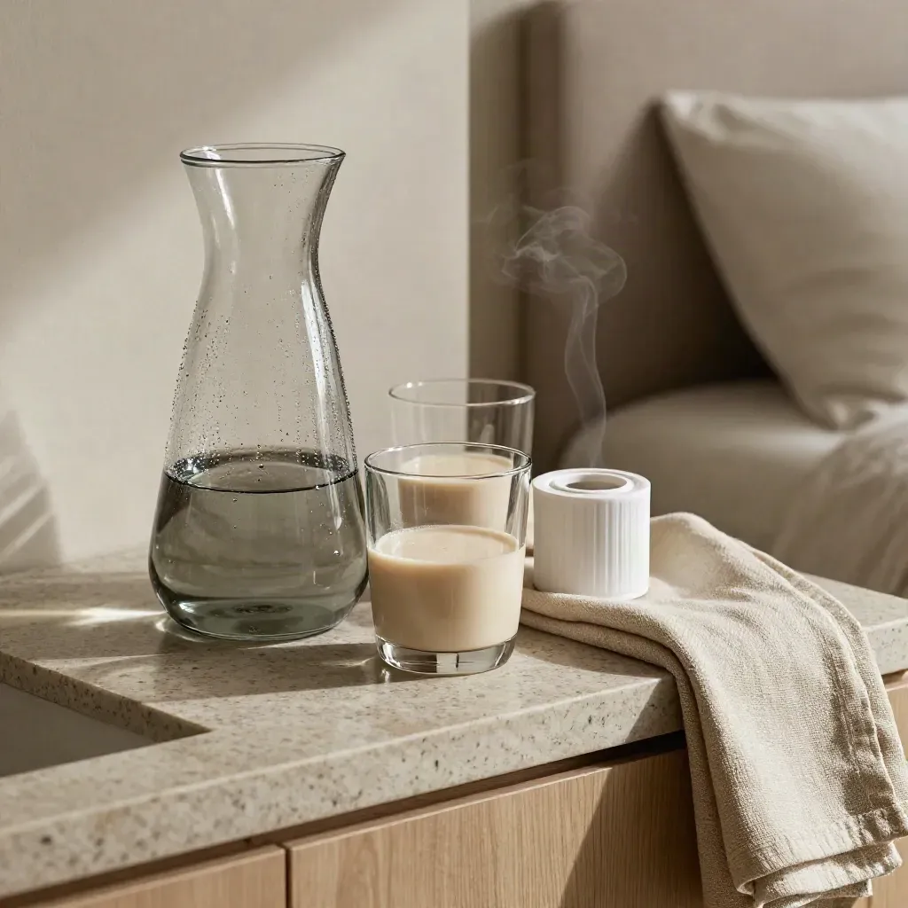 Guest-room water carafe, tumblers, filter cartridge and folded linen on a travertine ledge.