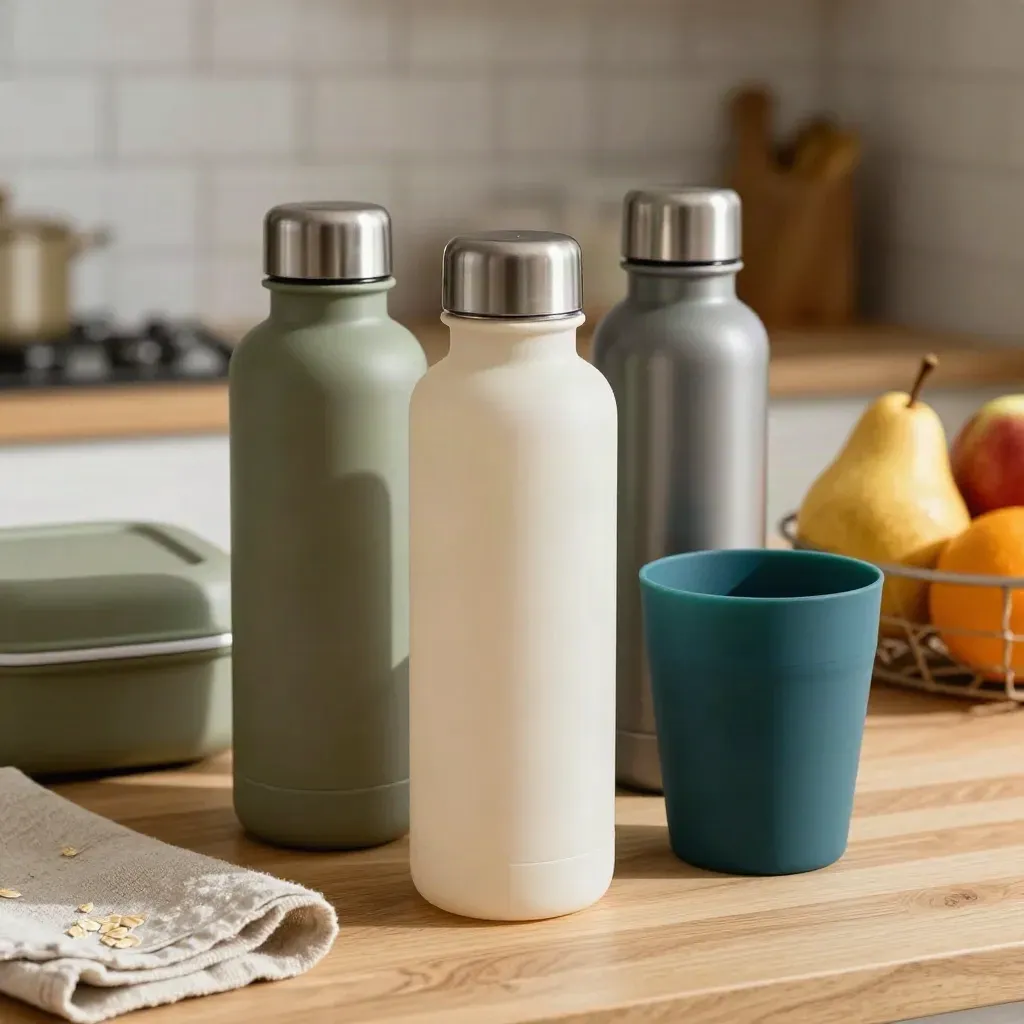 Reusable bottles, lunchbox, thermos, silicone cup and fruit basket on an oak worktop.