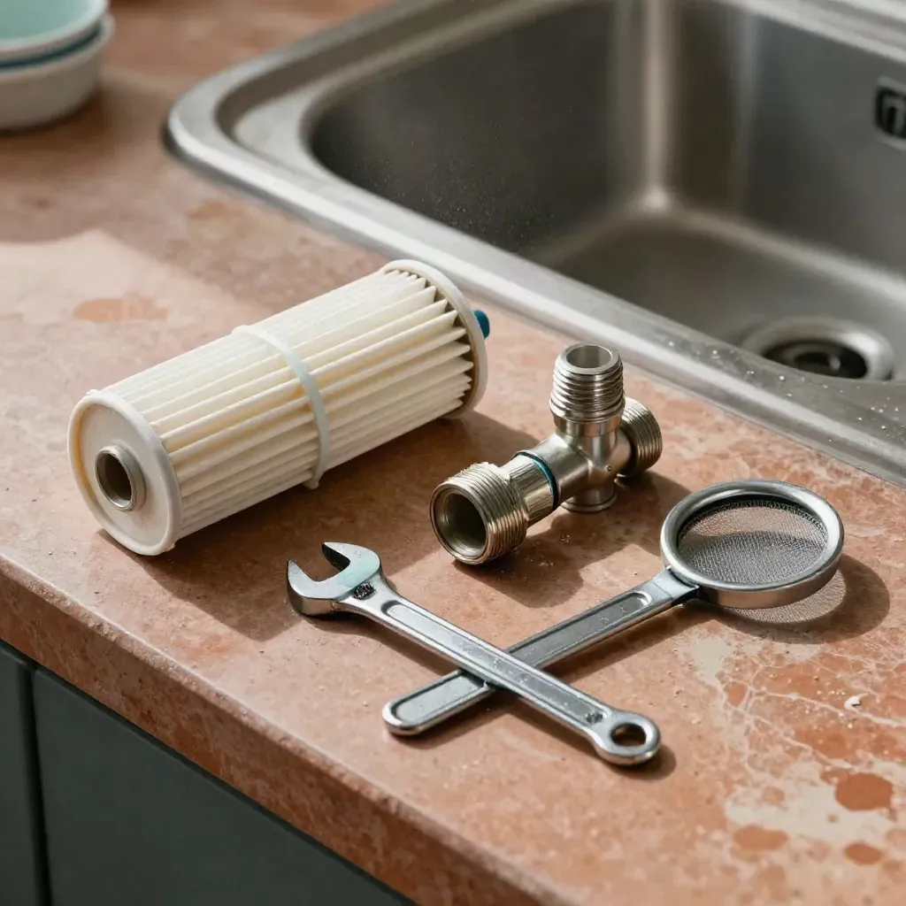 Water filter parts and tools arranged on a terracotta workbench in soft daylight.