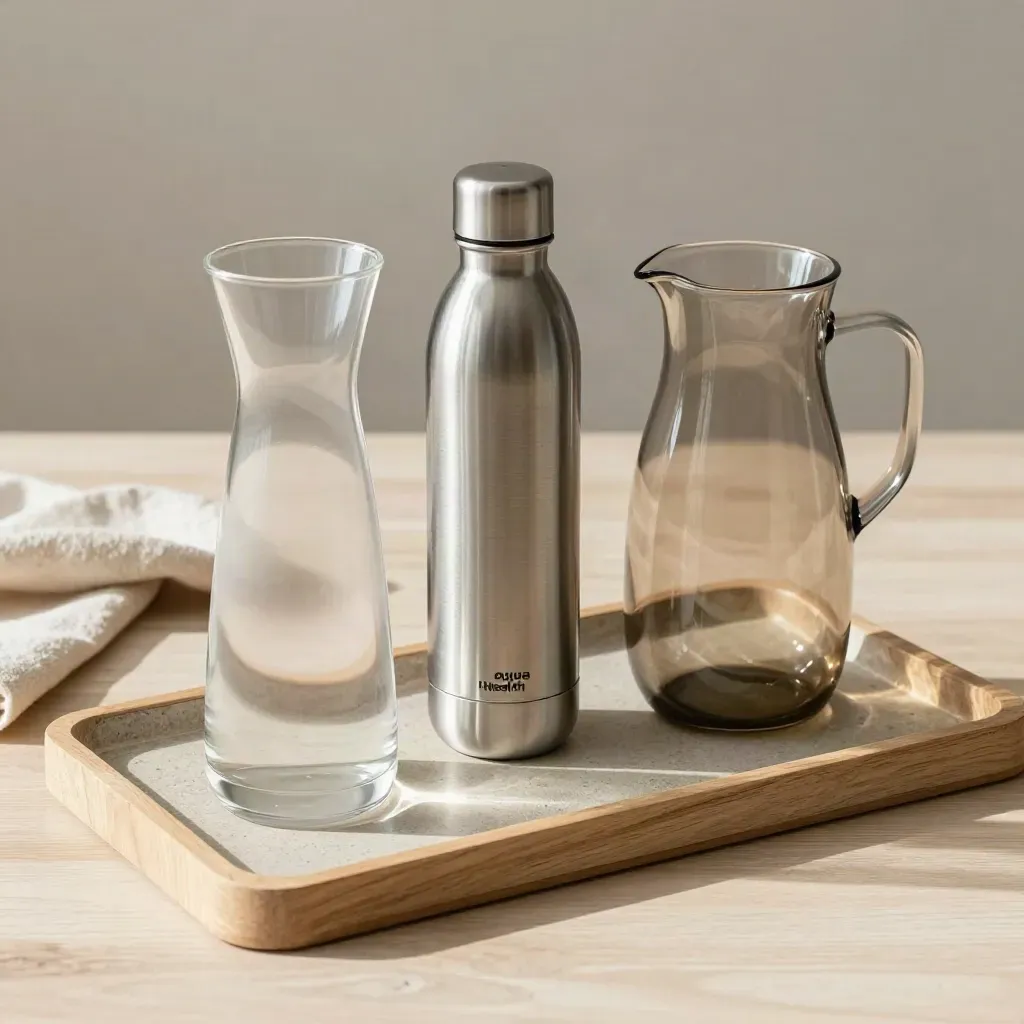 Three hydration containers on a stone tray, styled on pale wood with soft side light.