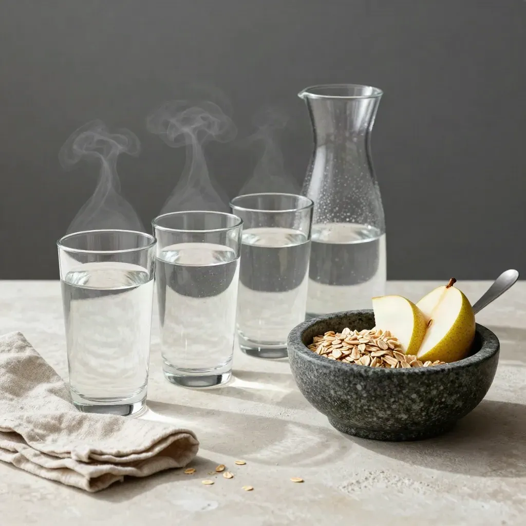 Half-filled glasses, carafe and breakfast bowl on pale plaster in soft morning light.