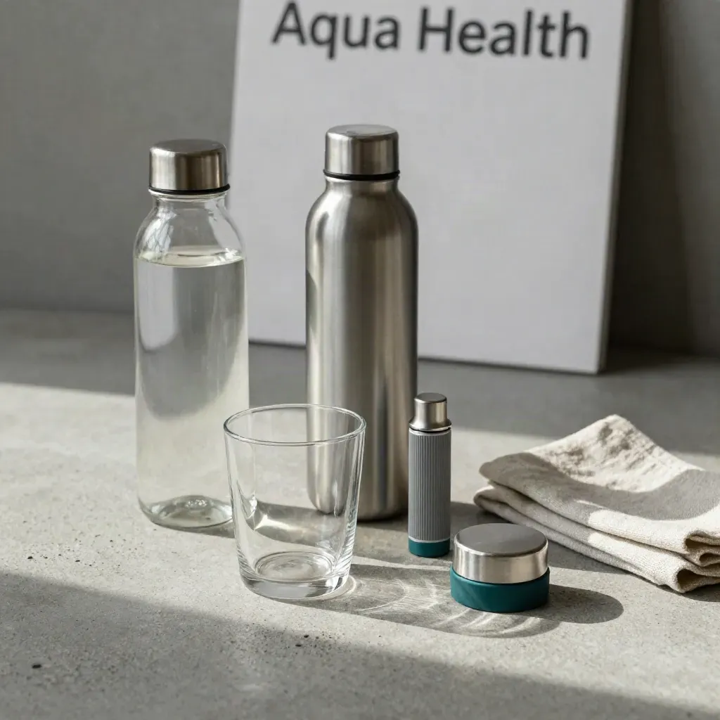 Hydration kit with tumbler, filter cartridge and bottle on concrete, low side angle