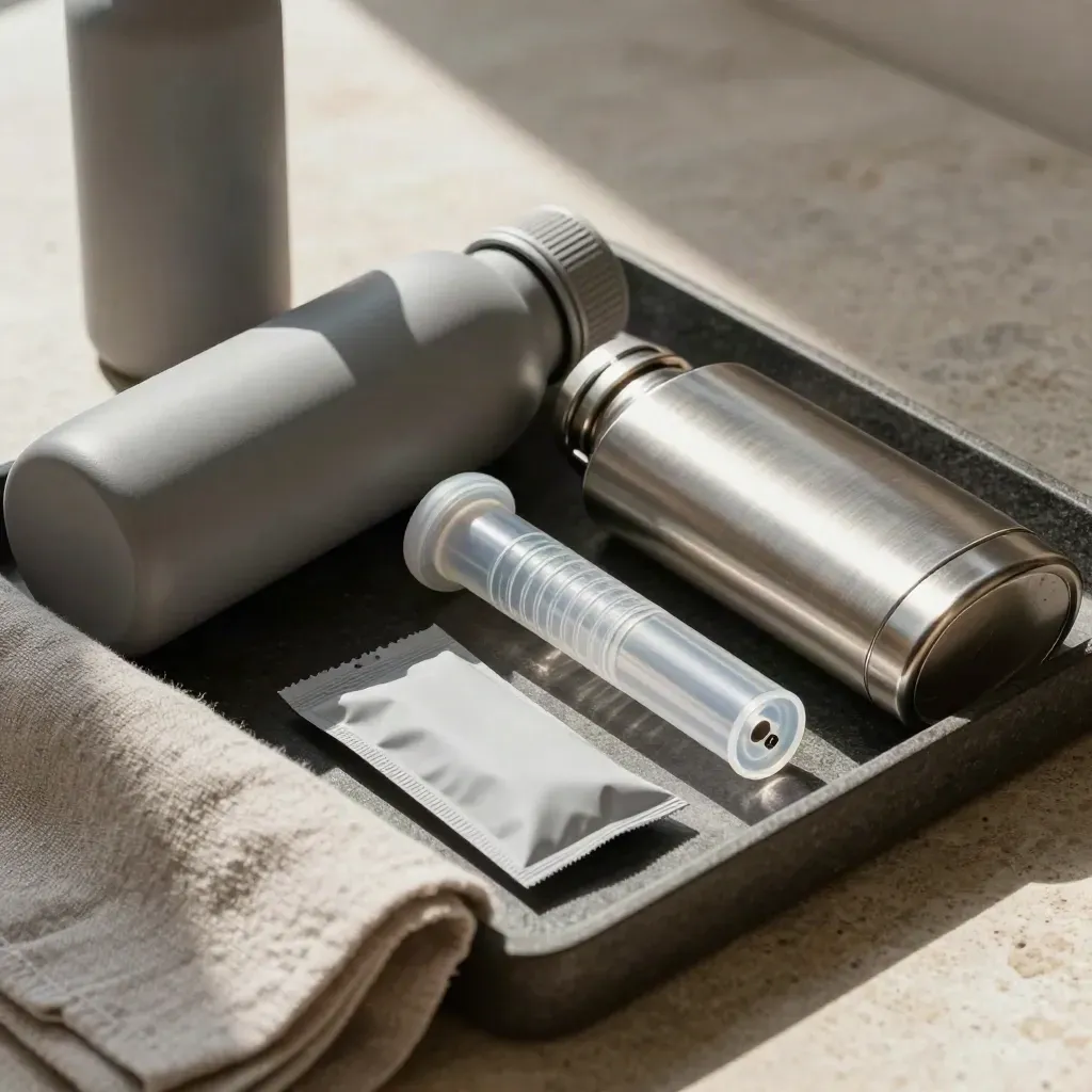 Hydration kit on stone tray with bottle, flask, filter cartridge and supplement pouch.