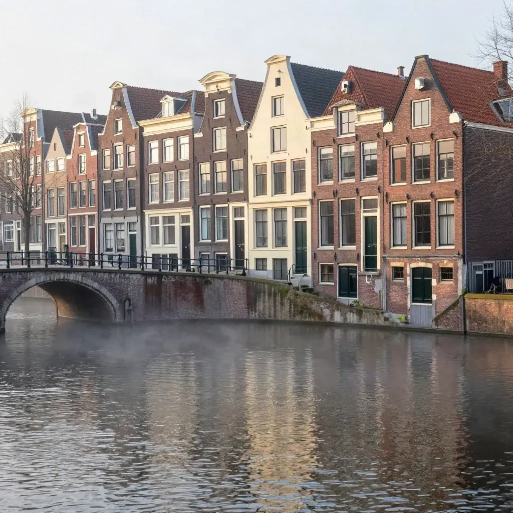 Dawn mist over an Amsterdam canal, brick bridge and gabled houses above calm reflective water.