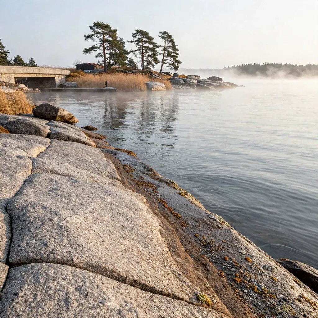 Stockholm archipelago shoreline with granite, low bridge, misty water, and open calm foreground