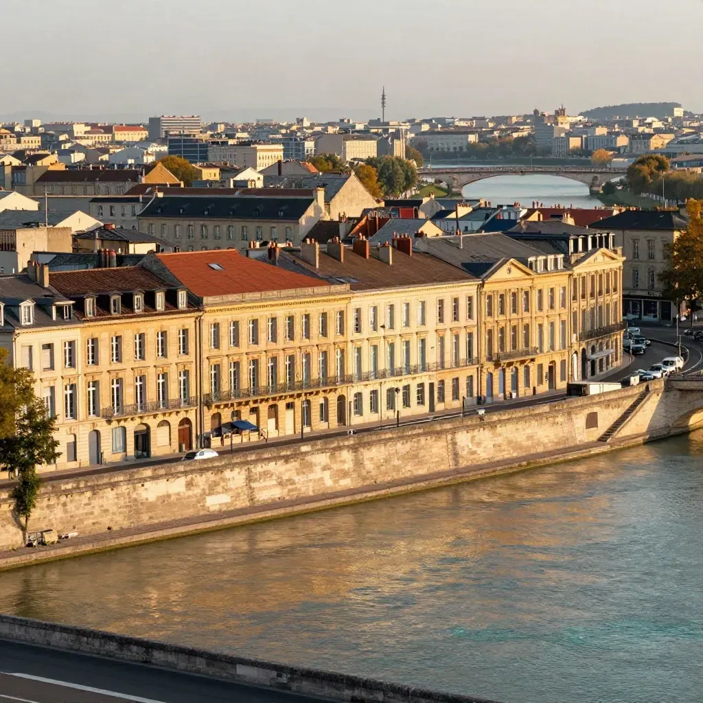 Bordeaux riverside skyline at golden hour with calm river reflections and warm terracotta roofs.
